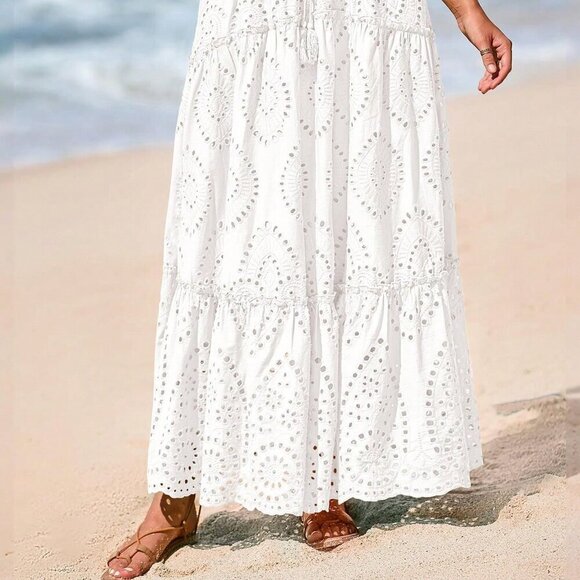 White Boho Women's Tiered Flowy Maxi Skirt with Lace Embroidery - Picture 4 of 5